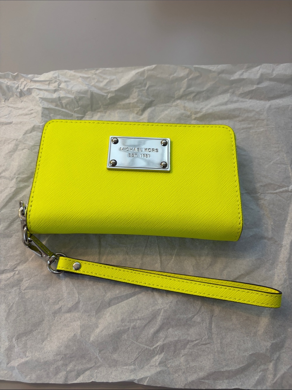 Michael Kors Neon Yellow Saffiano Leather Wristlet Clutch with Detachable Strap